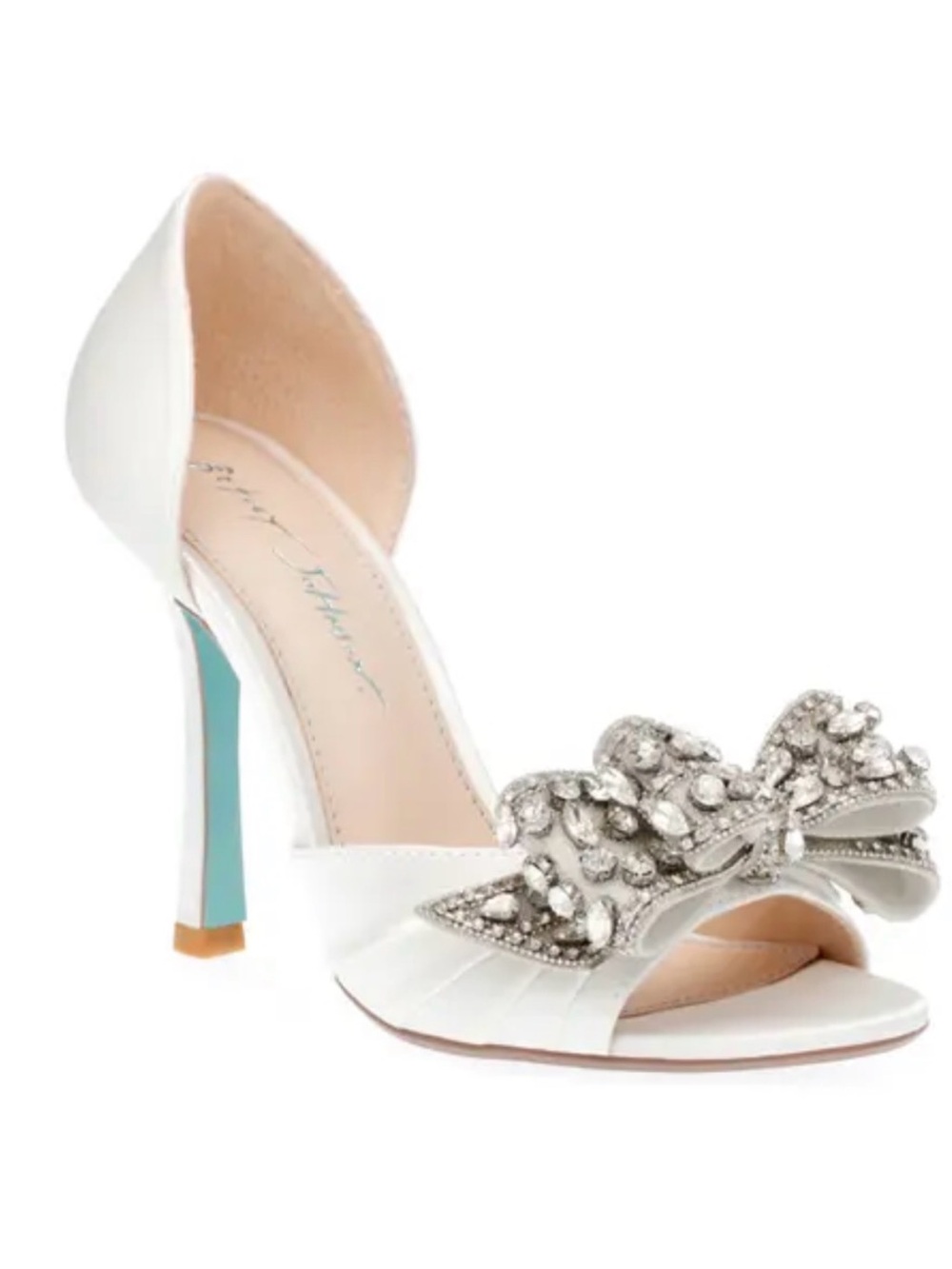 Betsey Johnson White Jeweled Bow D'Orsay Heel with Aqua Accent